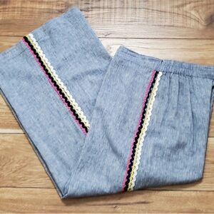 Ric-Rac Side Trim Wide Leg Linen Blend Chambray Pants